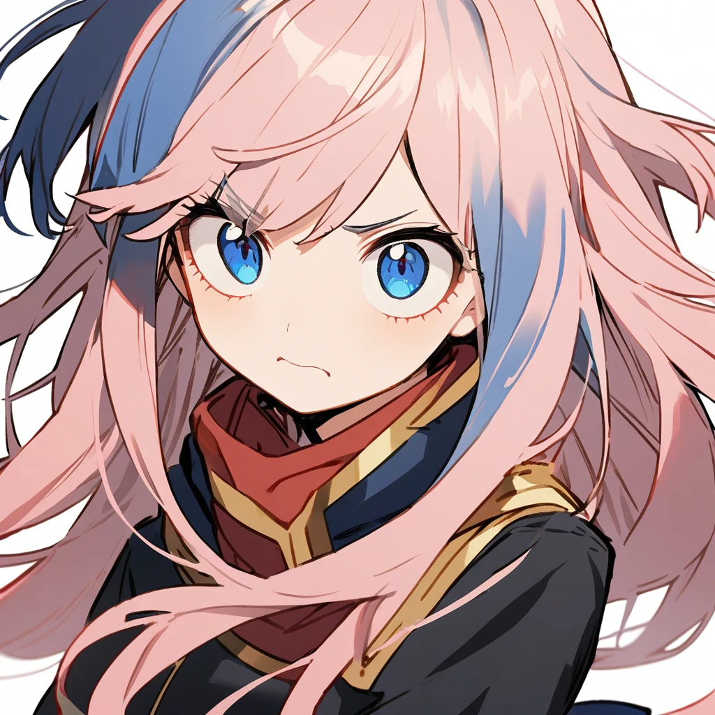 1 girl in the style of Boku no Hero, light pink hair, long hair, hair with blue tips, clear blue eyes, schoolar uniform, White background,half smile, tilted face