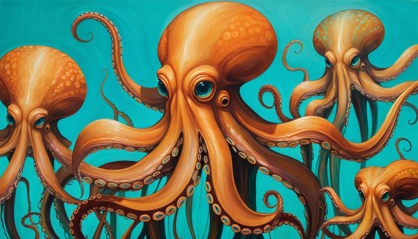 A surreal painting depicting several abstract octopus-like creatures with elongated tentacles in warm, earthy tones against a bright turquoise background