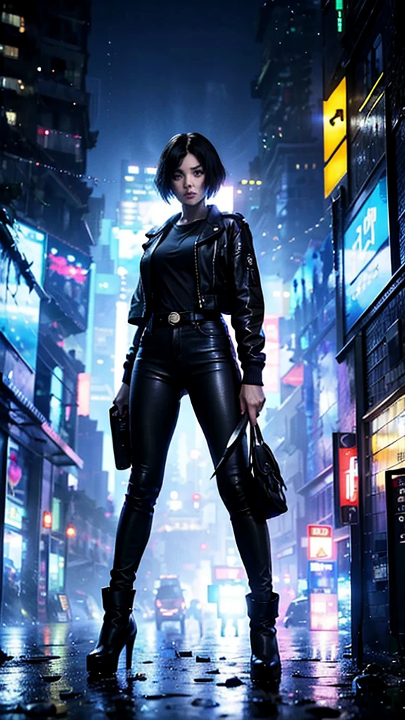 (Wide angle view). Blade Runner style futuristic city, simple outlined neon buildings, glowing giant clock tower, flying cars, lightning, 3d rendering Beeple. At night, (1girl, solo, alone), photorealistic, medium-breast slim:0.6 body, oval:0.5 face, cleavage:1.1, sexy black laced bra, deep-V, (low angle view of miniskirt), white laced panty, coat, (Matrix style black micro sunglasses), ((aiming with a short gun)), (slightly leaning forward running pose), (half-body thigh level close-up shot), cinematic lighting, ray tracing.