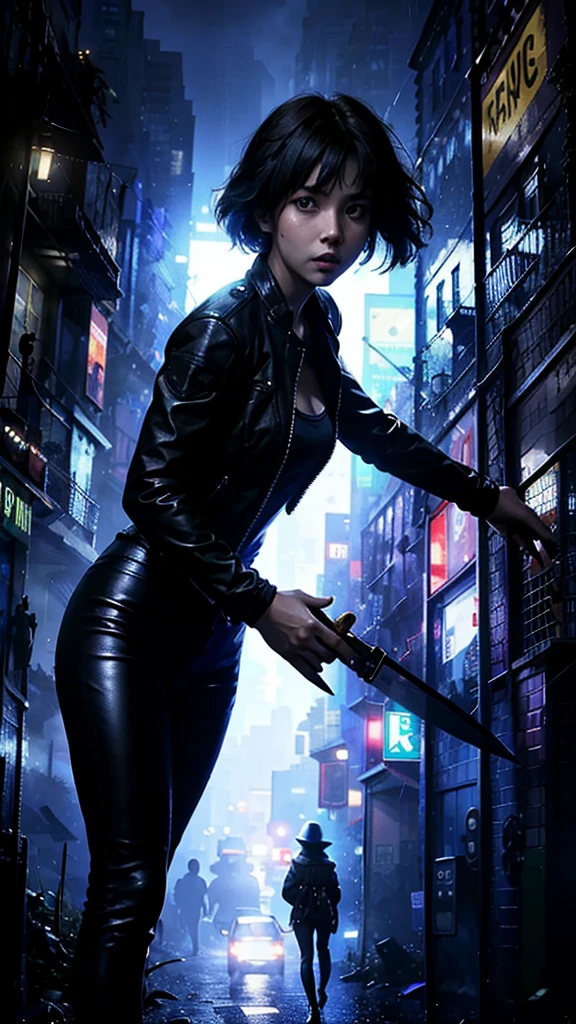 Full body portrait 、Beautiful female soldier from Wakanda ((Black women:1.2)), Dark Skin, Short black hair ,blue eyes、 black leather flight jacket、Black T-shirt、Black leather pants、Holding a knife, detailed, Realistic Face, Digital Portrait, The background is a night city. Big city at night、Aggressive Pose、Prepare for external enemies、Be vigilant、Heavy rainy night、Blade Runner、ghost in the Shell、