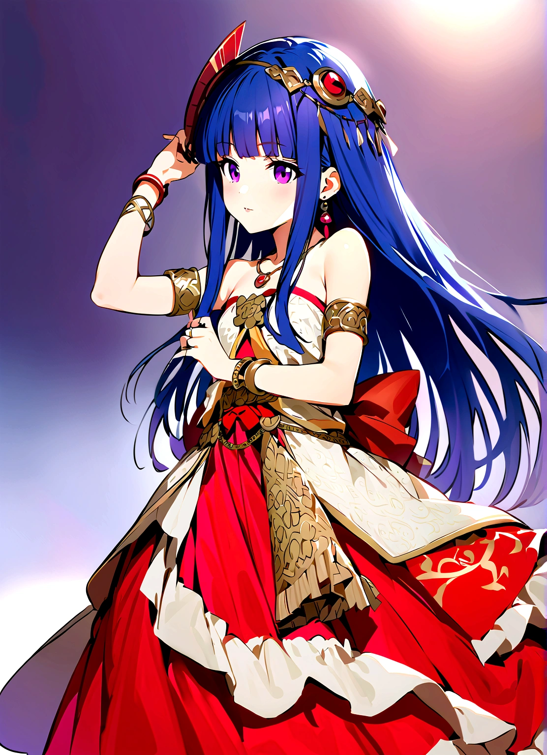 (astrologer), One girl、solo、Blue Hair, Purple eyes, Long Hair, blunt bangs, bangs, (furude rika),dress、jewelry、Earrings、necklace、bracelet、Cosplay、fan、Bracelet, Long Hair、Shoulder out、Cosplay、ring、Strapless、Armlet, Circlet