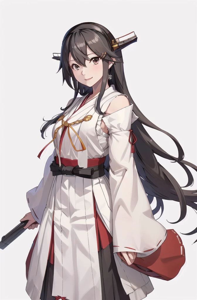 Highest quality, masterpiece, High resolution, 一人in, {Aaron_Kantai Collection:1.15}, black_hair, length_hair, hair_ornament, hairband, brown_eye, hairclip, red面, smile, headgear, chest, Non-traditional_Shrine maiden, hair_between_eye, One Girl, independent_sleeve, Japanese_Clothes, Looking_in_audience, red_skirt, ribbon-trimmed_sleeve, ribbon_trim, skirt, just_shoulder, Simple_background, white_background, Open_mouth, sarashi, wide_sleeve, (((オフィスbackground, リビングbackground)))