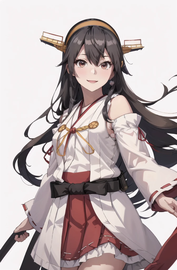 Highest quality, masterpiece, High resolution, 一人in, {Aaron_Kantai Collection:1.15}, black_hair, length_hair, hair_ornament, hairband, brown_eye, hairclip, red面, smile, headgear, chest, Non-traditional_Shrine maiden, hair_between_eye, One Girl, independent_sleeve, Japanese_Clothes, Looking_in_audience, red_skirt, ribbon-trimmed_sleeve, ribbon_trim, skirt, just_shoulder, Simple_background, white_background, Open_mouth, sarashi, wide_sleeve, (((オフィスbackground, リビングbackground)))