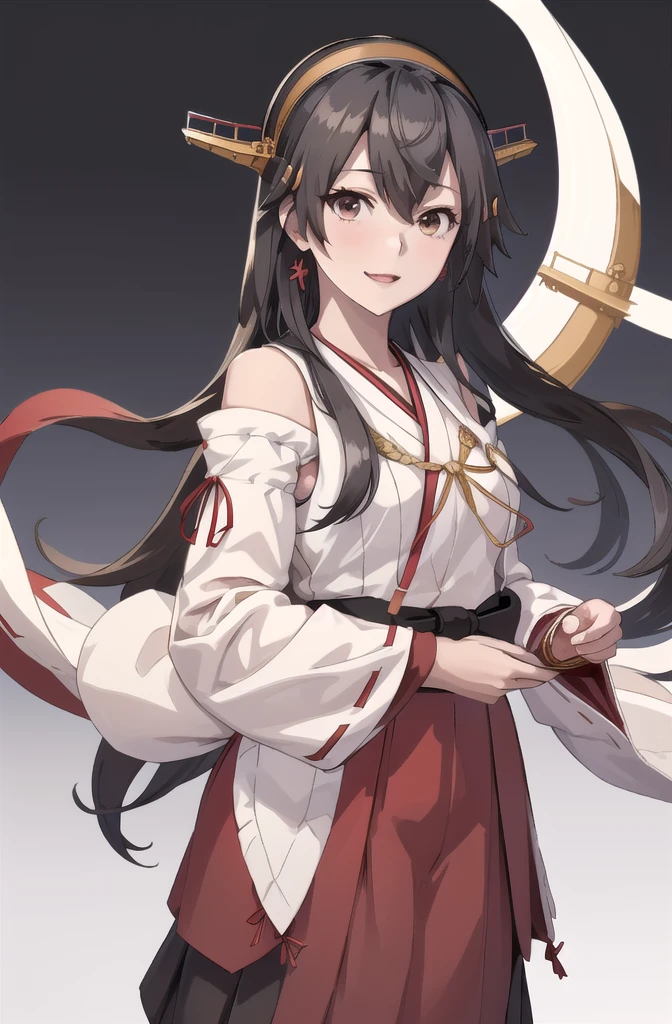 Highest quality, masterpiece, High resolution, 一人in, {Aaron_Kantai Collection:1.15}, black_hair, length_hair, hair_ornament, hairband, brown_eye, hairclip, red面, smile, headgear, chest, Non-traditional_Shrine maiden, hair_between_eye, One Girl, independent_sleeve, Japanese_Clothes, Looking_in_audience, red_skirt, ribbon-trimmed_sleeve, ribbon_trim, skirt, just_shoulder, Simple_background, white_background, Open_mouth, sarashi, wide_sleeve, (((オフィスbackground, リビングbackground)))