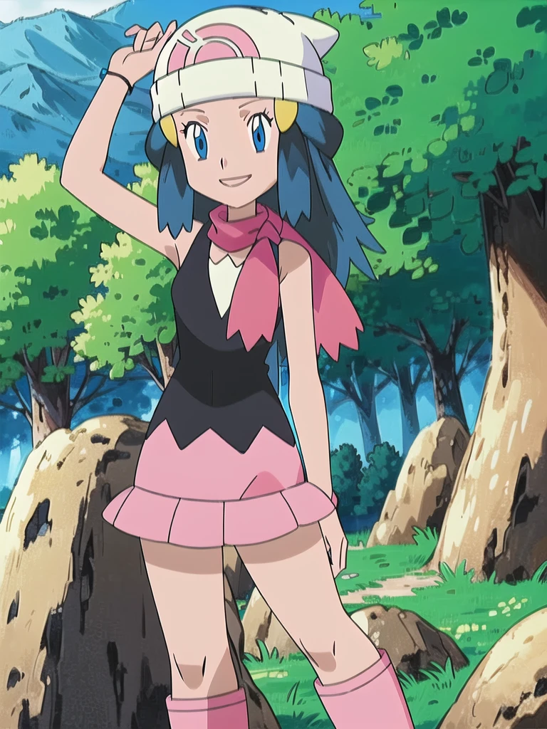 masterpiece, best quality, 1girl, dawn \(pokemon\), beanie, long hair, blue hair, blue eyes, black sleeveless shirt, pink scarf, pink skirt, pink boots, smile, looking at viewer, forest background