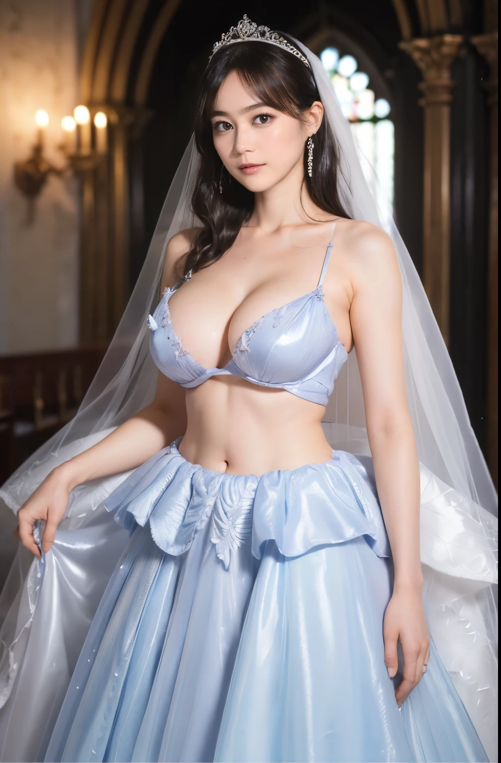 Naked,Full body like," Figure, Bride's outfit without shoulder straps,Small silver tiara,Colossal tits,sloppy and droopy breasts, heavy breasts almost exposed ,Fully visible bust,Sheer princess skirt,Wedding in the church,There is a large crowd of participants behind you, the perfect body, (Best Quality, 4K, 8K, High resolution, masutepiece:1.2), Ultra-detailed, (Realistic, Photorealistic, Photorealsitic:1.37), royal, Captivating, (Vibrant colors, sharp chest:1.1), Soft lighting", transparent dress. micro pantie. deep breasts cleavage. transparent fishnet bra. navel exposed. thin waist.