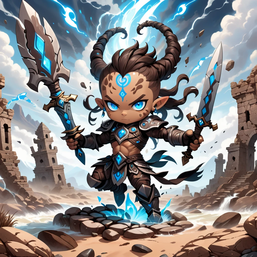 A Atronach made of dark brown and gray floating rocks with tan swirl markings and ruins glowing blue eyes and swords wind and twisters swirling around them, in cute art style, background arid stormy planes