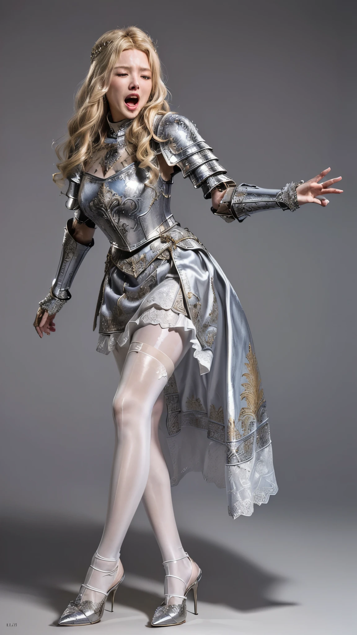 masterpiece, best quality photo, most detailed, a beautiful 25 years old bloody princess knight is screaming, (fancy engraved medieval metal armor on top:1.3), (waving fancy flare skirt with silk:1.2), (white pantyhose on bottom:1.3), high-heel:1.2, light gray metal armor, (detailed facial expression:1.2), extremely detailed face, extremely beautiful, grimace, screaming, strongly closed eyes, wide open lips:1.3, rich blonde hair:1.1, (painful screaming facial expression:1.2),