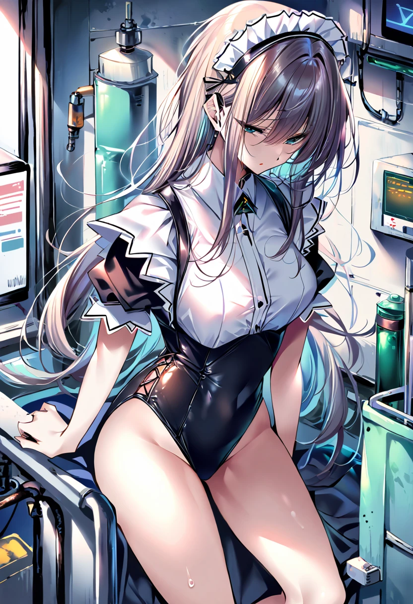 (Perfect Anatomy:1.2, Highest quality),(Maid leotard details:2.0),One Girl,alone,Long Hair:1.5, (Short sleeve, Thighs,Maid Cufflinks),,(High heel lace-up boots:1.4), (Without skirt:3.0),Dark aura,Leotrad,,love for viewers,Look down,(at a research facility:1.8)