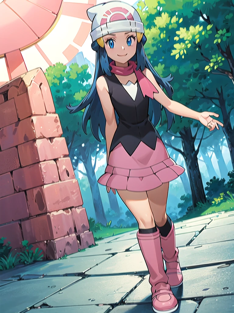 masterpiece, best quality, 1girl, dawn \(pokemon\), beanie, long hair, blue hair, blue eyes, black sleeveless shirt, pink scarf, pink skirt, pink boots, smile, looking at viewer, forest background 