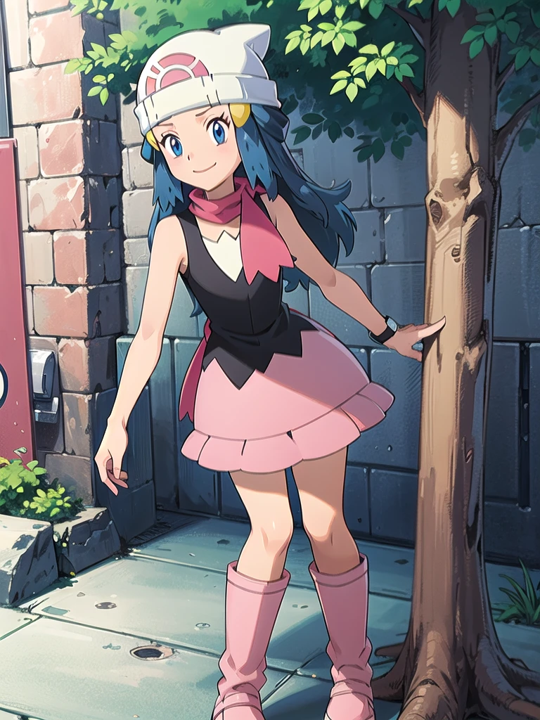 masterpiece, best quality, 1girl, dawn \(pokemon\), beanie, long hair, blue hair, blue eyes, black sleeveless shirt, pink scarf, pink skirt, pink boots, smile, looking at viewer, forest background 