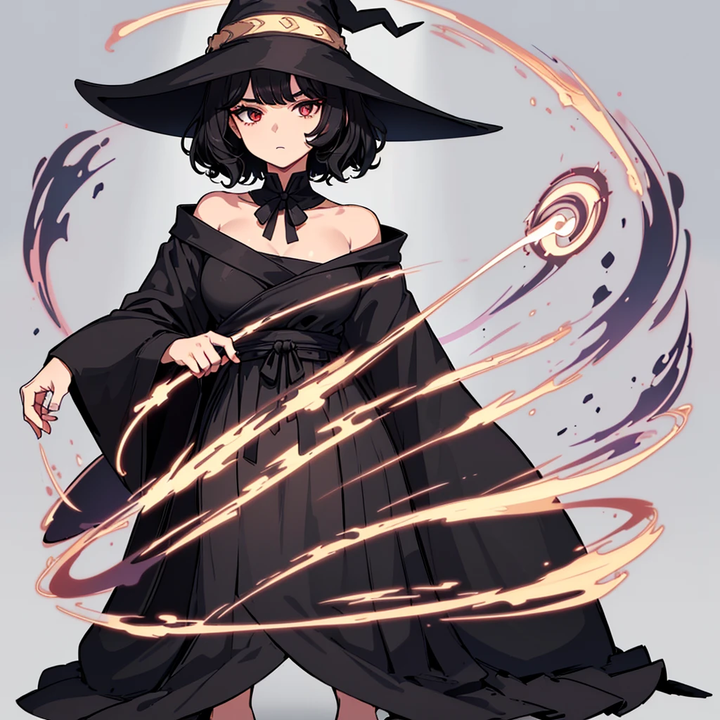 (((Solo)))、Highest quality, Best Quality,Best illustrations、(Black Hair、Short Perm Hair、Wavy Hair、Short bangs、Align your bangs)、(Witch Hat、A simple black robe)、(Magic wand)、(The magic of light、Use magic)、(White background)、(Mature 50 Year Old、Adult women、Red eyeshadow)、(Full body character concept、detailed)、(Full body character concept)