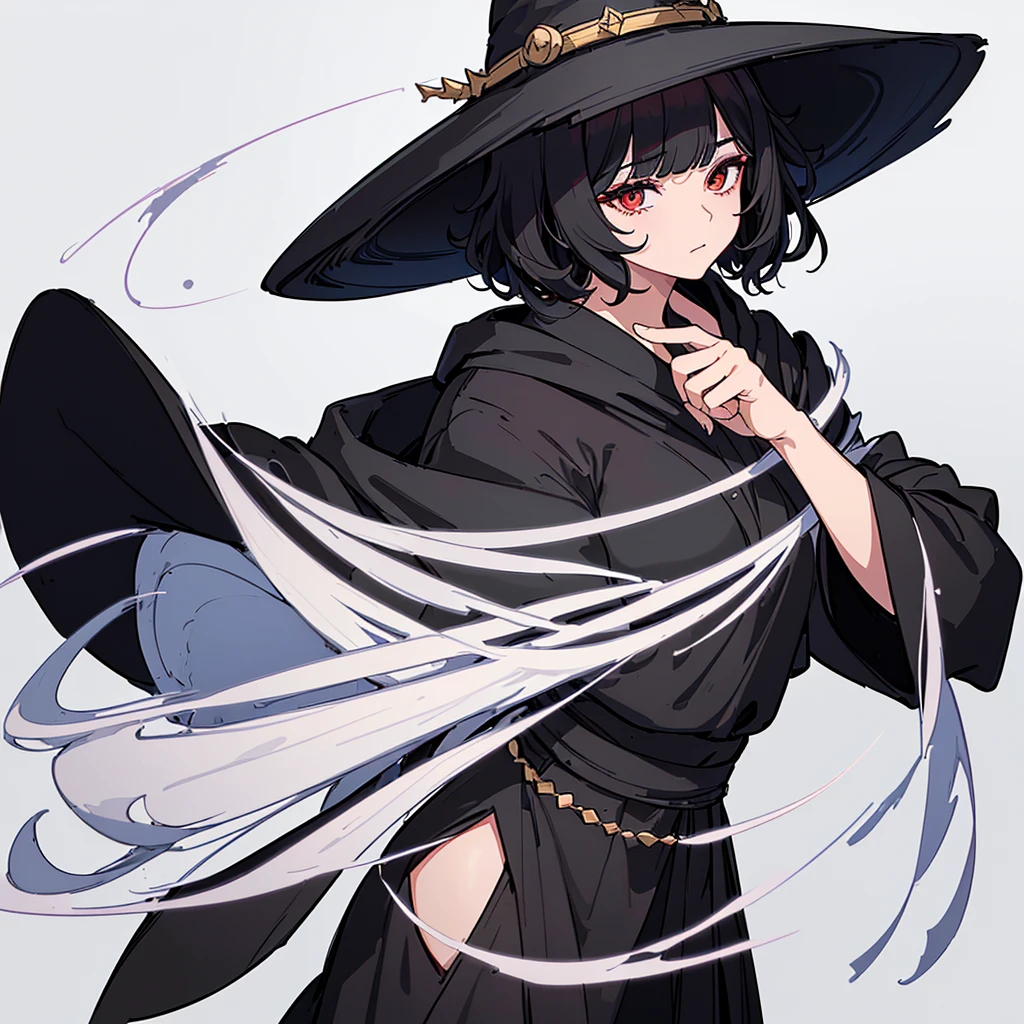 (((Solo)))、Highest quality, Best Quality,Best illustrations、(Black Hair、Short Perm Hair、Wavy Hair、Short bangs、Align your bangs)、(Witch Hat、A simple black robe)、(Magic wand)、(The magic of light、Use magic)、(White background)、(Mature 50 Year Old、Adult women、Red eyeshadow)、(Full body character concept、detailed)、(Full body character concept)