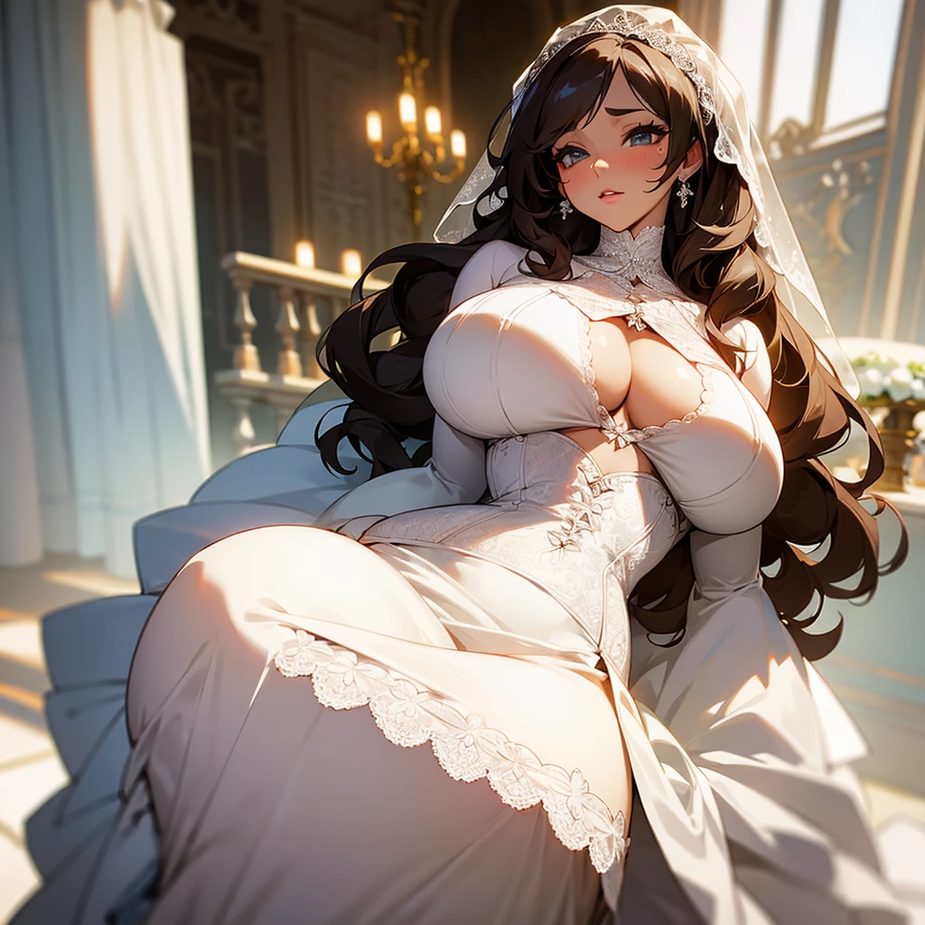Woman with huge breasts wearing a lace wedding dress with a provocative neckline