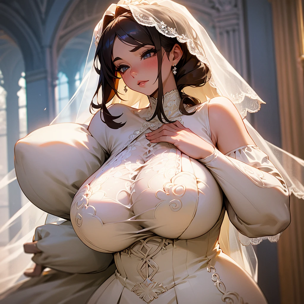 Woman with huge  wearing a lace wedding dress with a provocative neckline 