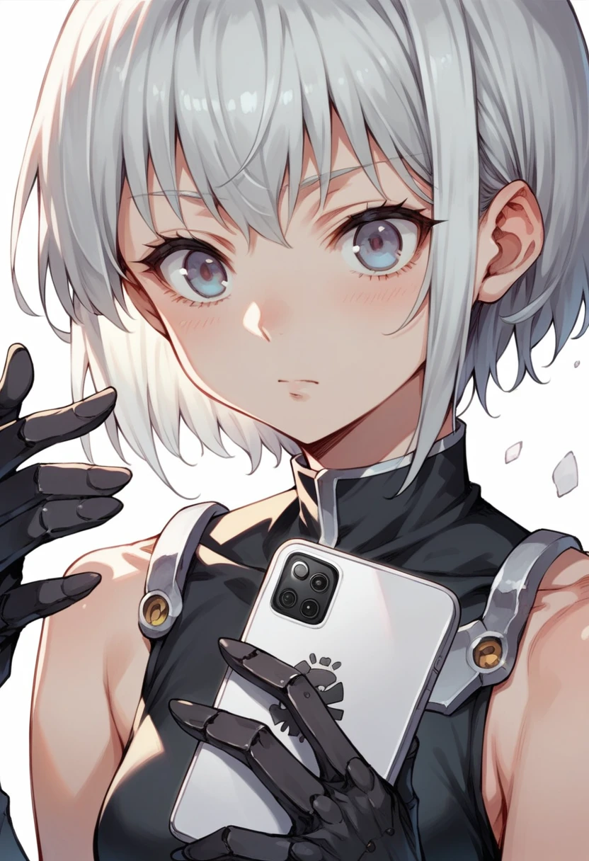 (((anime girl with white hair and black gloves))) holding a cell phone, silver hair girl, colored manga art, colored manga, manga character, manga illustration, cyborg - girl with silver hair, visual style, detailed manga style, close up of a young anime girl