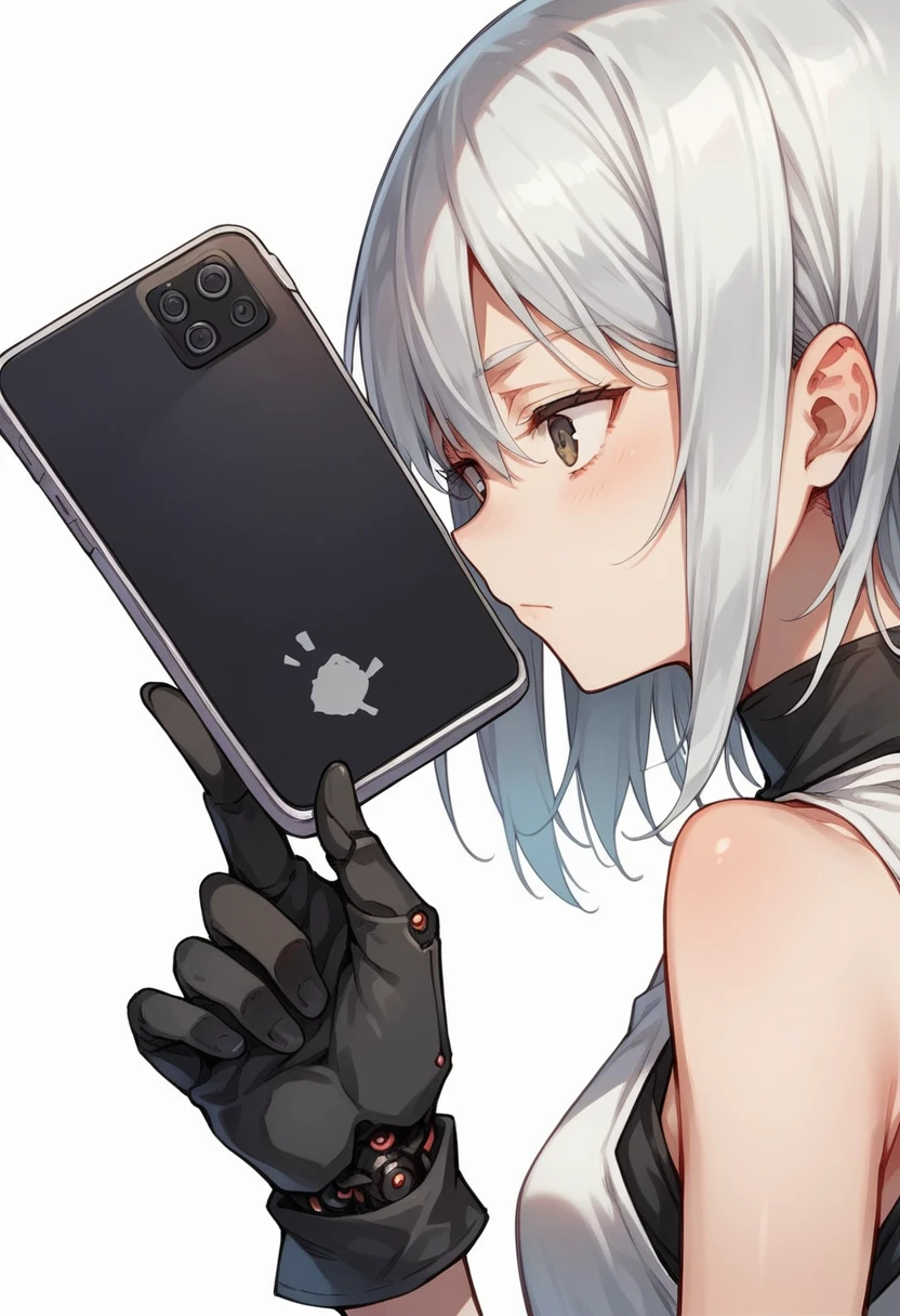 (((anime girl with white hair and black gloves))) holding a cell phone, silver hair girl, colored manga art, colored manga, manga character, manga illustration, cyborg - girl with silver hair, visual style, detailed manga style, close up of a young anime girl
