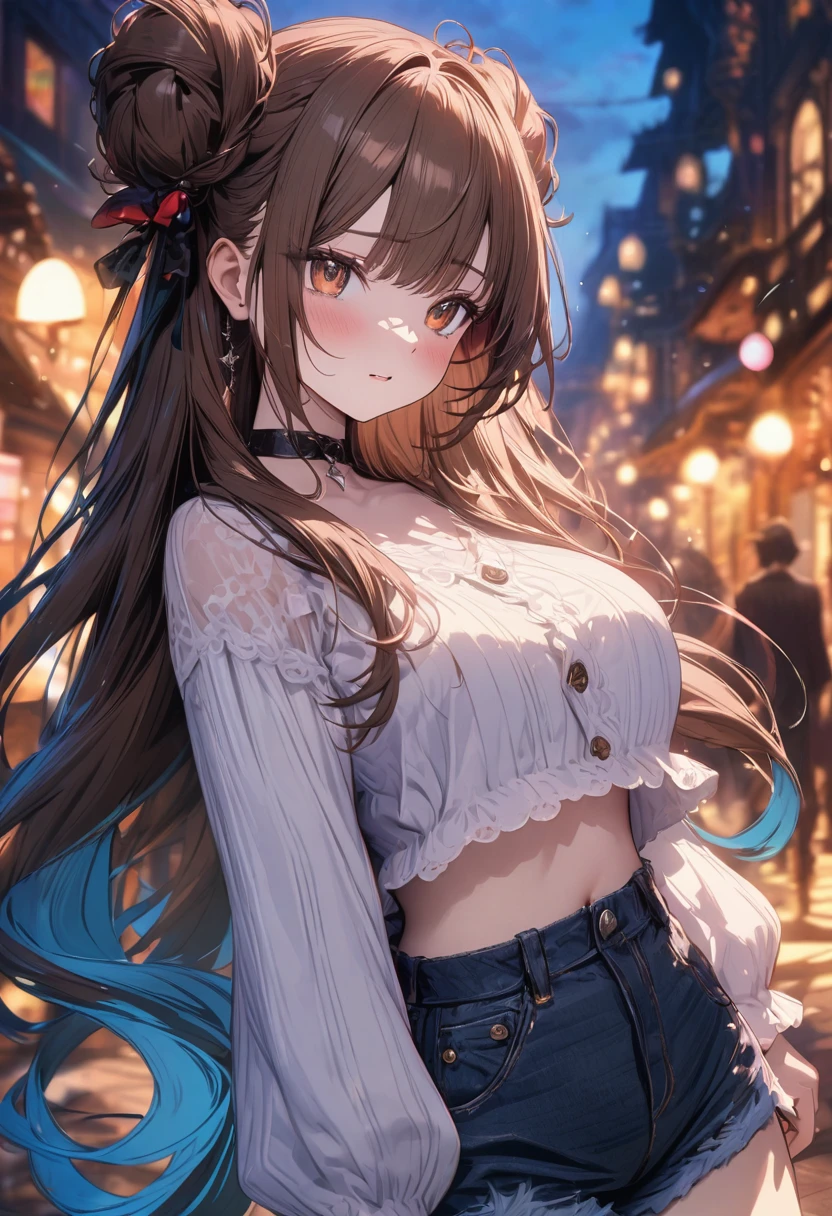 (masterpiece), best quality, very aesthetic, newest, absurdres, detailed, high quality
BREAK
highest quality, top quality, details, highres, ultra fine painting, digital art, official art, cinematic, 4k, 8k resolution, 8K CG wallpaper, CG, original artwork, detailed background, colorful background, blue atmosphere, High Dynamic Range, blurry background, blue hour, Starburst effects, crepuscular rays, good ISO, high resolution, wide shot, from far away, RAW photo, POV, sharp focus, light reflection, reflections, intricate details, soft light, particle noise, professional photography, bokeh, depth of field, natural lighting, vibrant colors, looking away, detailed lights and shadows, stylish, ultra-detailed, top rated on Pixiv, trending on Artstation, niji style, modern-days, master crafted, pose
BREAK
solo, (close up), 1girl, pale skin, correct fingers, detailed hand, (big breasts:1.2), big thighs, small torso, short body, flushtered, blush, anxious expression, embarassed, embarassed act, casual, slim, ((cute, childlike face):1.3), nice body, nice hips, brown hair, (very long flowing hair, 2 buns hairstyle), long bangs, long hair, middle hair bangs, brown eyes
BREAK
(black straps tank top, off shoulder open green hoodie, modest)
BREAK
apartment room background
