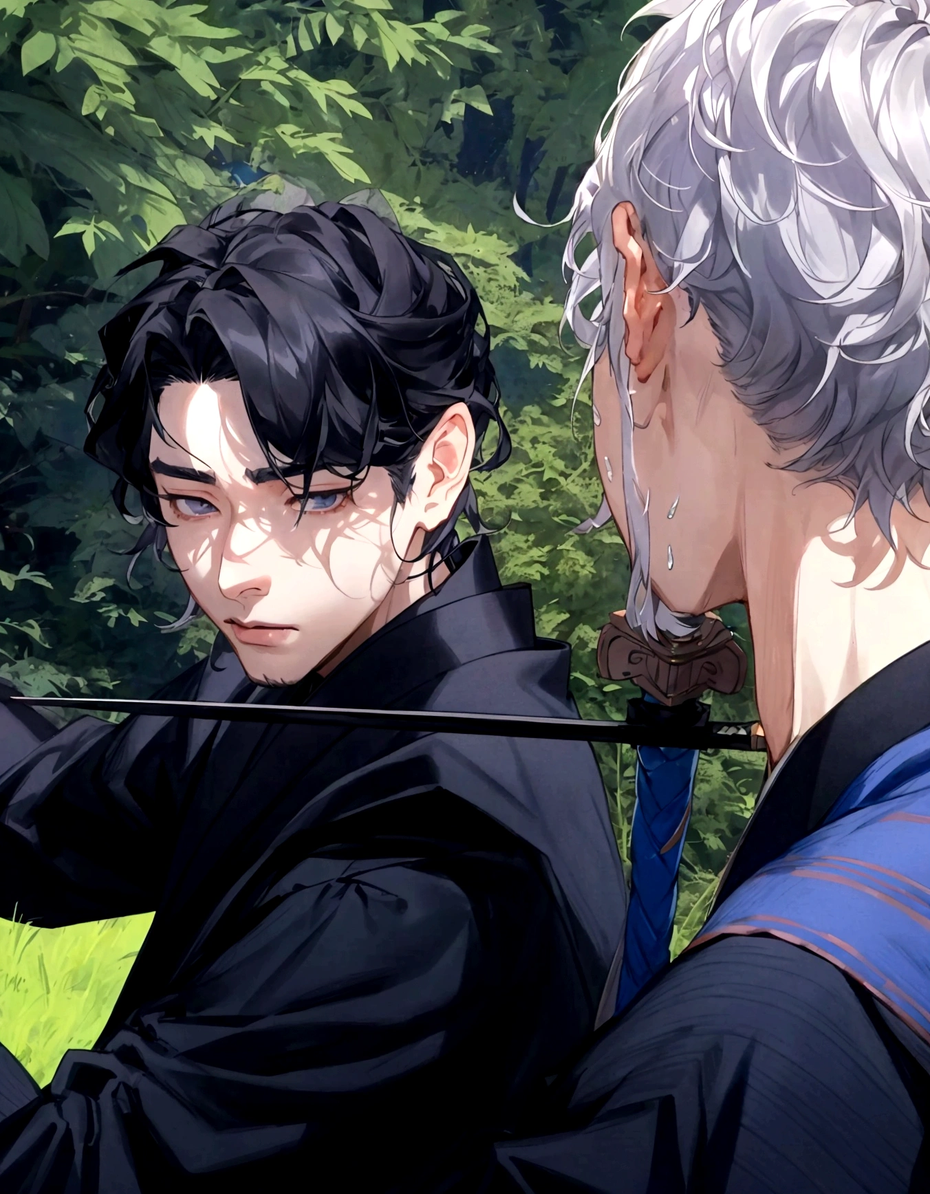 there are two men who are standing on the grass with a sword, cai xukun, still from a live action film, supper from live action movie, Japanese live action film, photoshoot, supper!!, beautiful japanese boy, he has dark gray hair, Live-action adaptation, miko, on set
