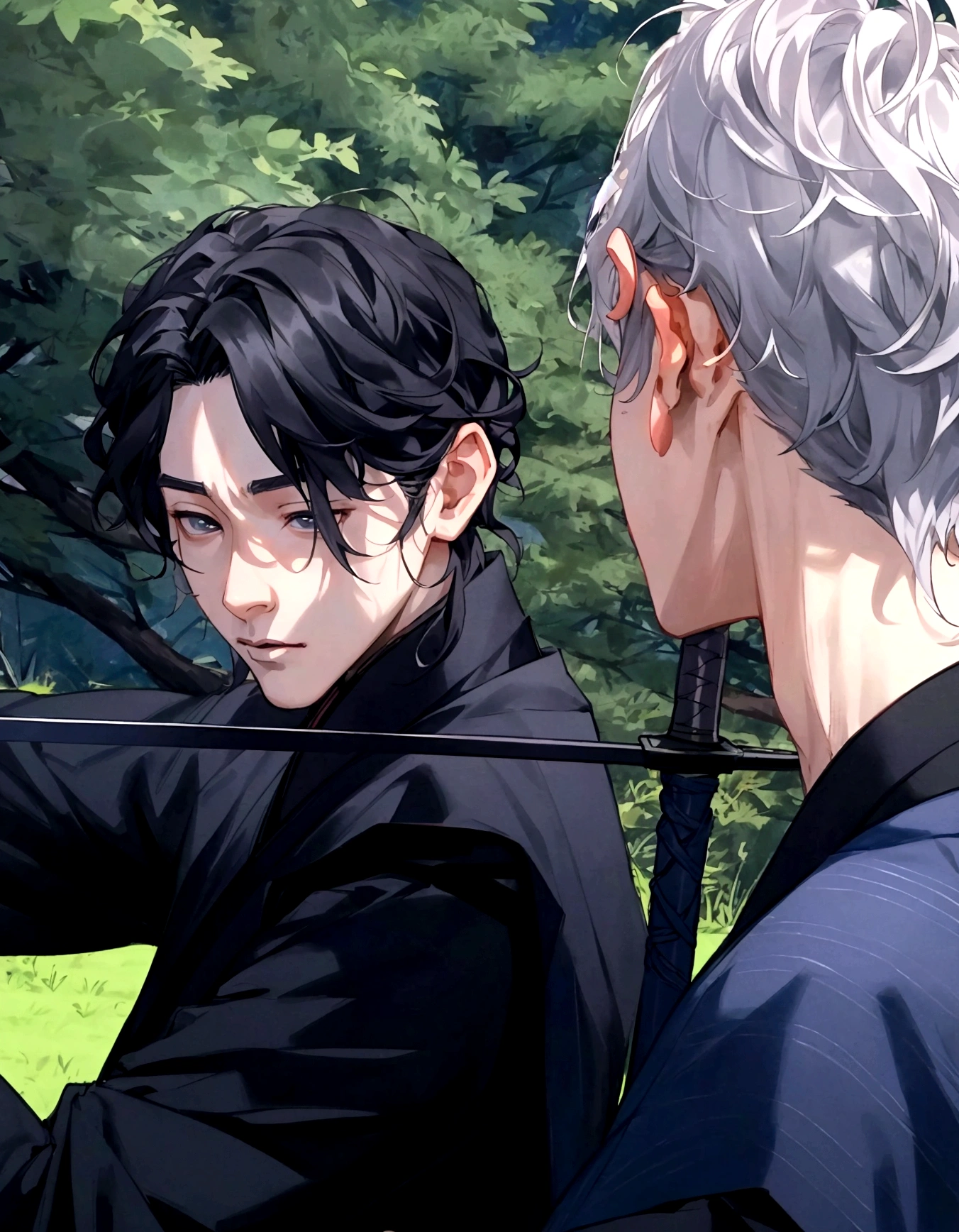 there are two men who are standing on the grass with a sword, cai xukun, still from a live action film, supper from live action movie, Japanese live action film, photoshoot, supper!!, beautiful japanese boy, he has dark gray hair, Live-action adaptation, miko, on set