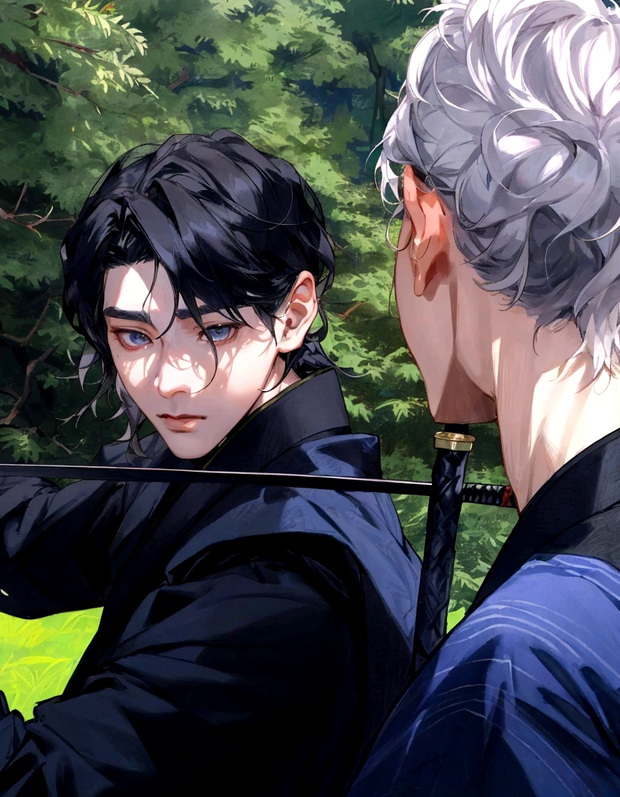 there are two men who are standing on the grass with a sword, cai xukun, still from a live action film, supper from live action movie, Japanese live action film, photoshoot, supper!!, beautiful japanese boy, he has dark gray hair, Live-action adaptation, miko, on set