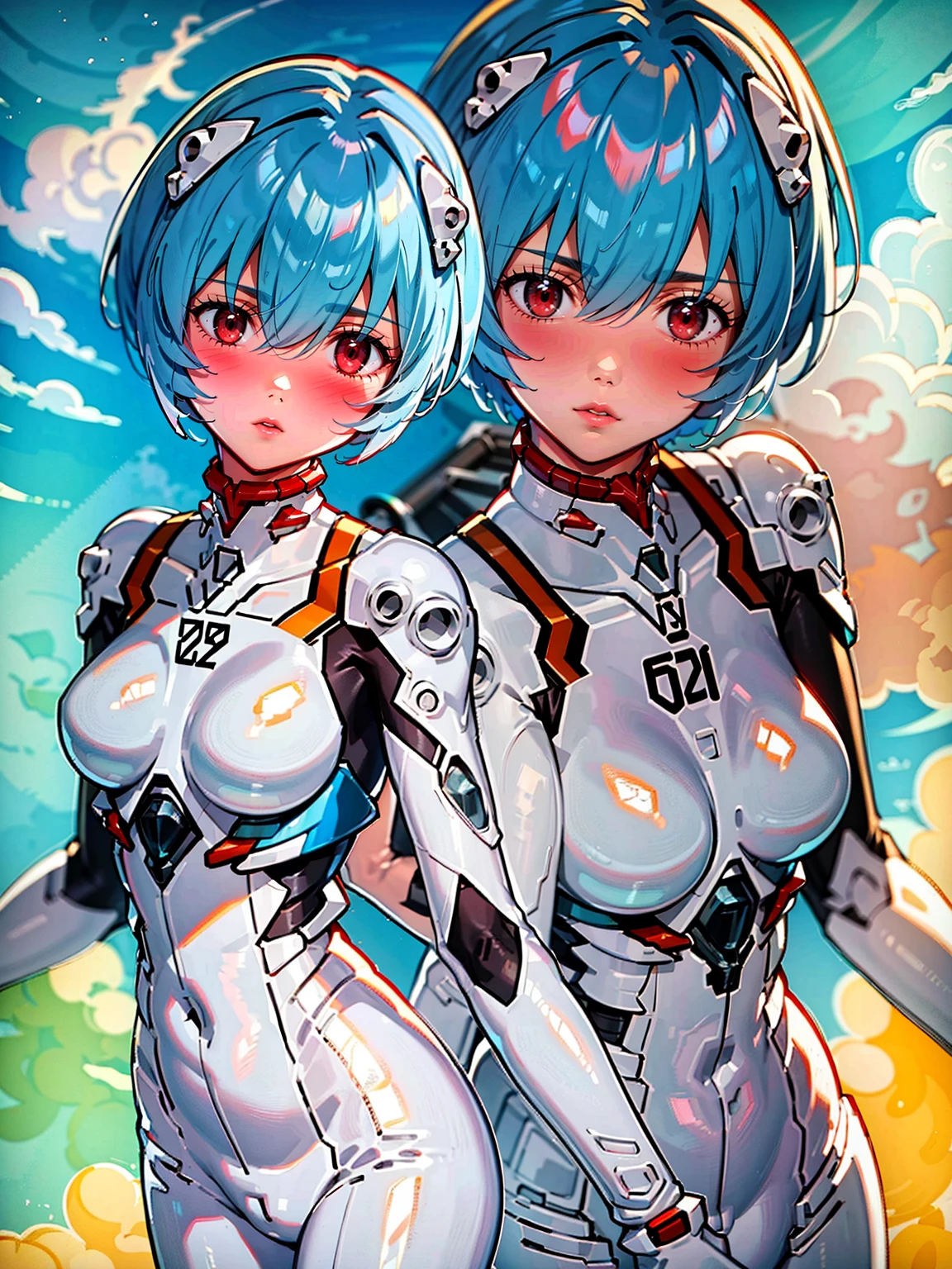 ((Highest quality, 8k wallpaper)),(masterpiece, Highest quality),Very detailed,High resolution,(Official Art:1.3),(((Anime screenshots,Black outline))),One girl,alone, Break mer1,(Rei Ayanami {Neon Genesis Evangelion,}1.2),masterpiece, best quality, outdoor, 1girl, Solo,red eyes,short hair,blue hair, (White plug suit:1.4), skin tight,