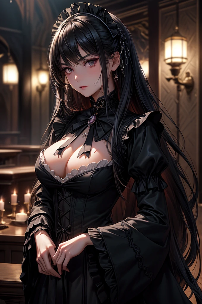 Always detailed face, Perfect lighting, Extremely detailed CG, (Perfect hands, Perfect Anatomy),Very detailed, Long Hair Straight Hair、Dark Gothic Makeup、Dark smile、Restless Palace、Expression of sexual arousal、The beauty of fragrance、22 years old、liar、charm、Embarrassed look、Dark Gothic、Maid clothes、Bell Sleeves、Wizard Sleeve、Obscene language、Stained Glass Background、Tabletop、Highest quality、Sweat glistens on my chest、Drunk face、Maid clothes不思議な、Noble、Gothic Fashion、The body is wet and shiny、I'm sweating a lot、Large Breast Size、Loving smile、Twin tail hair、Platinum Blonde Hair、Jet black frill skirt、Shadow、Gothic bed covered with roses、Transcendental Enchantment is temporarily disabled、A pause in crawling、charm的な脚、Knee-high socks、Thigh-high socks、lace trim bra, lace trim panties, Pink Lingerie, Lace-trimmed legwear, Black lace, Side tie panties, satin panties, garter belt, Good elevator, The whole body is covered in oil and has a glossy appearance. Steam is coming out of my whole body Steam like a sauna room fills the screen.. White breath from the mouth