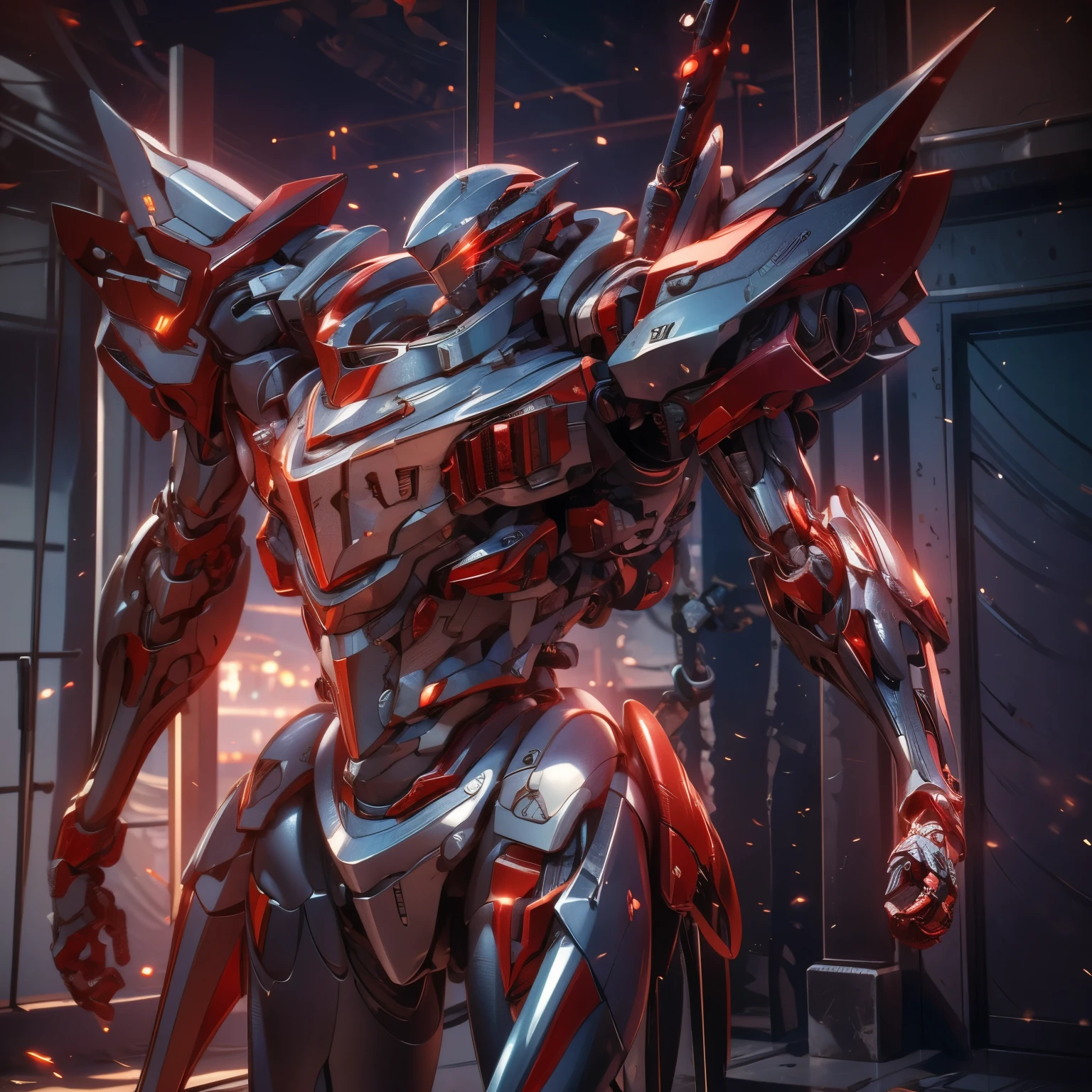 Extremely detaild, 8k, HDR, natural light, cinematic lighting, masterpiece--perfect, ultra HD, (Space  Battlefield:1.5), RAW photo, metallic, professional, ultra-fine painting, perfect body proportions, anatomically correct, uhd, real texture material, Anti-Aliasing, FKAA, TXAA, SSAO, Post Processing, Post Production, Tone Mapping, CGI, VFX, SFX, hyper maximalist, Volumetric, ultra photorealultra-detailed intricate details. Orange mech with white details, carried a double tower-shaped shield. Square body and octagonal connections brought a more sacred air, as well as its heavy and massive size to withstand heavy blows. (work of art, best qualityer:1.5)