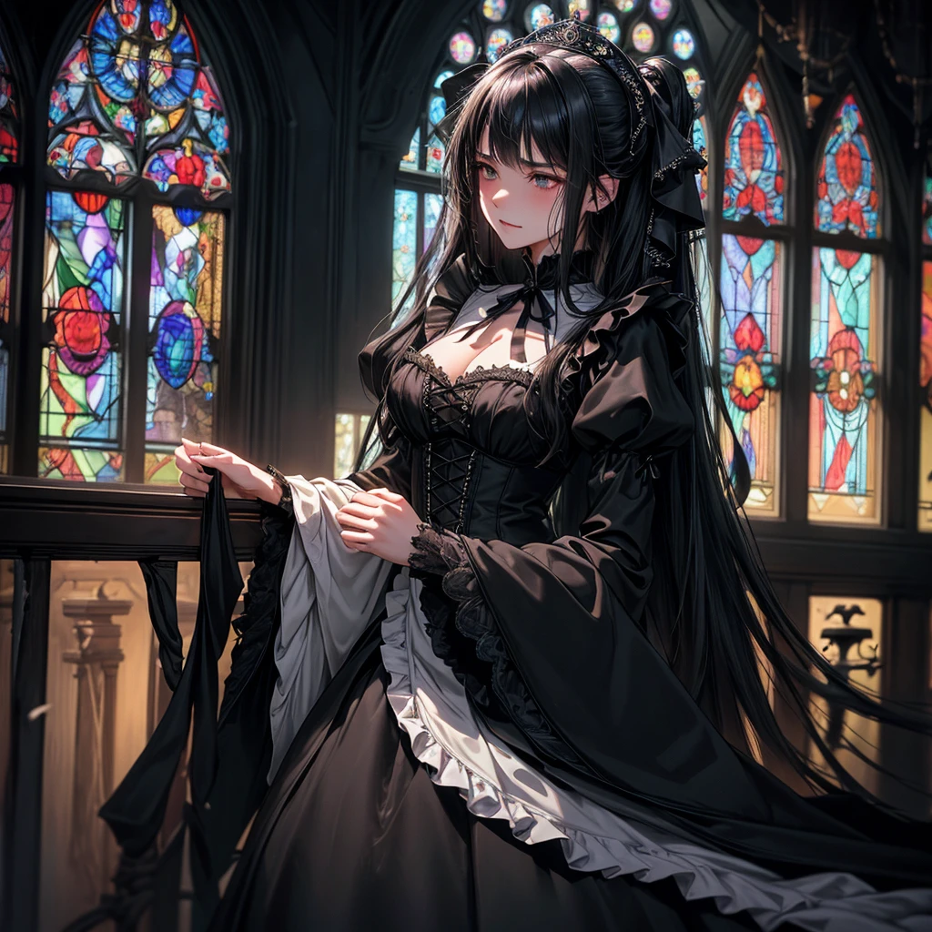 Always detailed face, Perfect lighting, Extremely detailed CG, (Perfect hands, Perfect Anatomy),Very detailed, Long Hair Straight Hair、Dark Gothic Makeup、Dark smile、Restless Palace、Expression of sexual arousal、The beauty of fragrance、22 years old、liar、charm、Embarrassed look、Dark Gothic、Maid clothes、Bell Sleeves、Wizard Sleeve、Obscene language、Stained Glass Background、Tabletop、Highest quality、Sweat glistens on my chest、Drunk face、Maid clothes不思議な、Noble、Gothic Fashion、The body is wet and shiny、I'm sweating a lot、Large Breast Size、Loving smile、Twin tail hair、Platinum Blonde Hair、Jet black frill skirt、Shadow、Gothic bed covered with roses、Transcendental Enchantment is temporarily disabled、A pause in crawling、charm的な脚、Knee-high socks、Thigh-high socks、lace trim bra, lace trim panties, Pink Lingerie, Lace-trimmed legwear, Black lace, Side tie panties, satin panties, garter belt, Good elevator, The whole body is covered in oil and has a glossy appearance. Steam is coming out of my whole body Steam like a sauna room fills the screen.. White breath from the mouth