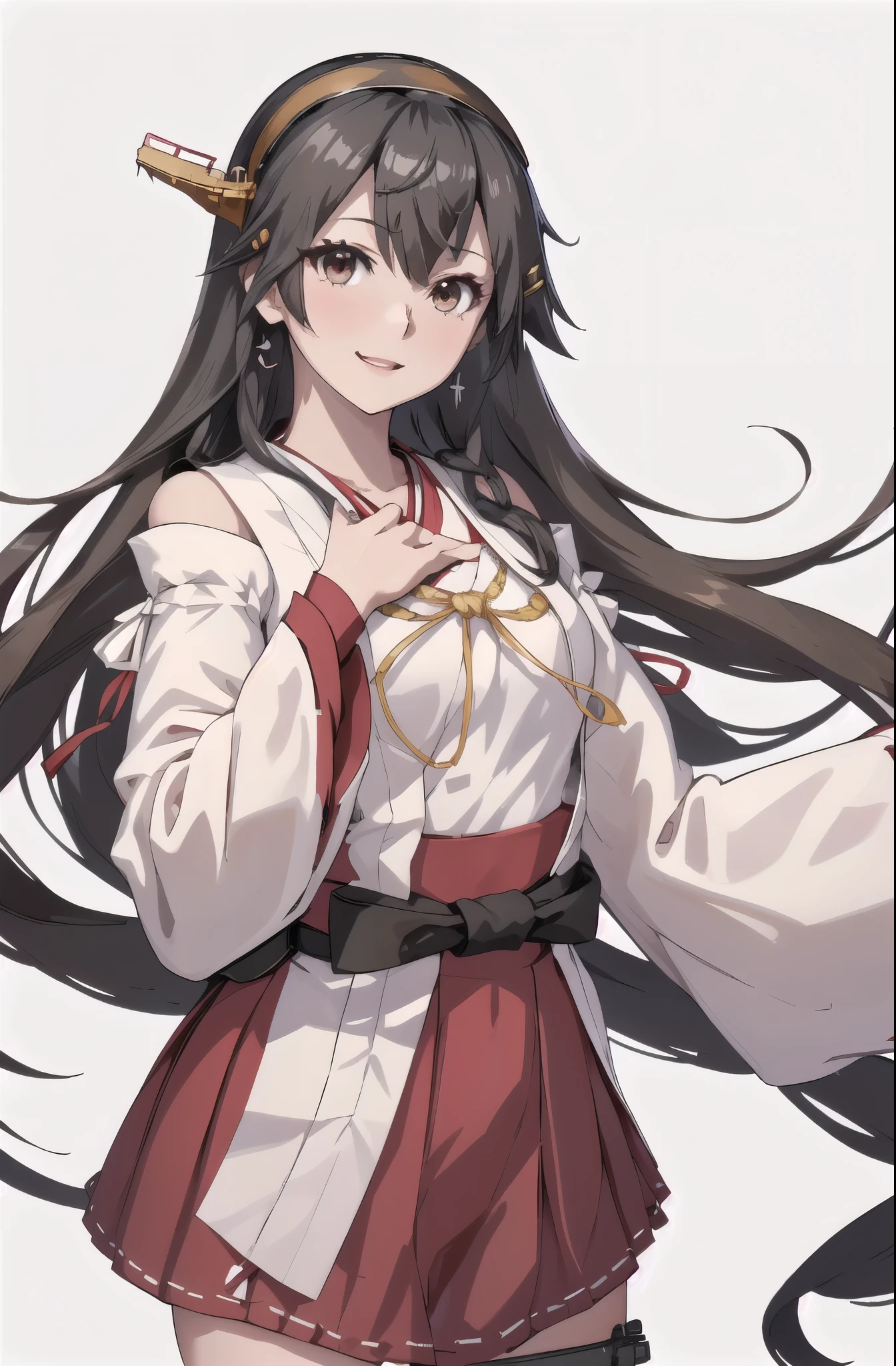 Highest quality, masterpiece, High resolution, 一人in, {Aaron_Kantai Collection:1.15}, black_hair, length_hair, hair_ornament, hairband, brown_eye, hairclip, red面, smile, headgear, chest, Non-traditional_Shrine maiden, hair_between_eye, One Girl, independent_sleeve, Japanese_Clothes, Looking_in_audience, red_skirt, ribbon-trimmed_sleeve, ribbon_trim, skirt, just_shoulder, Simple_background, white_background, Open_mouth, sarashi, wide_sleeve, (((オフィスbackground, リビングbackground)))