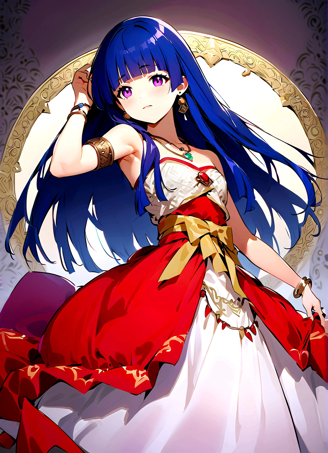 (astrologer), One girl、solo、Blue Hair, Purple eyes, Long Hair, blunt bangs, bangs, (furude rika),dress、jewelry、Earrings、necklace、bracelet、Cosplay、fan、Bracelet, Long Hair、Shoulder out、Cosplay、ring、Strapless、Armlet, Circlet