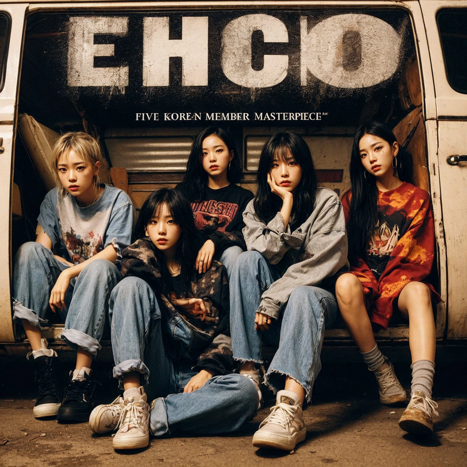 a visually striking five korean female member band photo in a gritty, urban setting. The band should be seated in a rugged van or similar backdrop, evoking a raw. Emphasize a cool, laid-back attitude with casual clothing, such as graphic tees, jeans, and sneakers. Ensure the band's name, “ECHO” is prominently displayed above them in bold, distressed typography. Capture a mood that reflects the essence of early 2000s pop, combining elements of angst, realistic, masterpiece