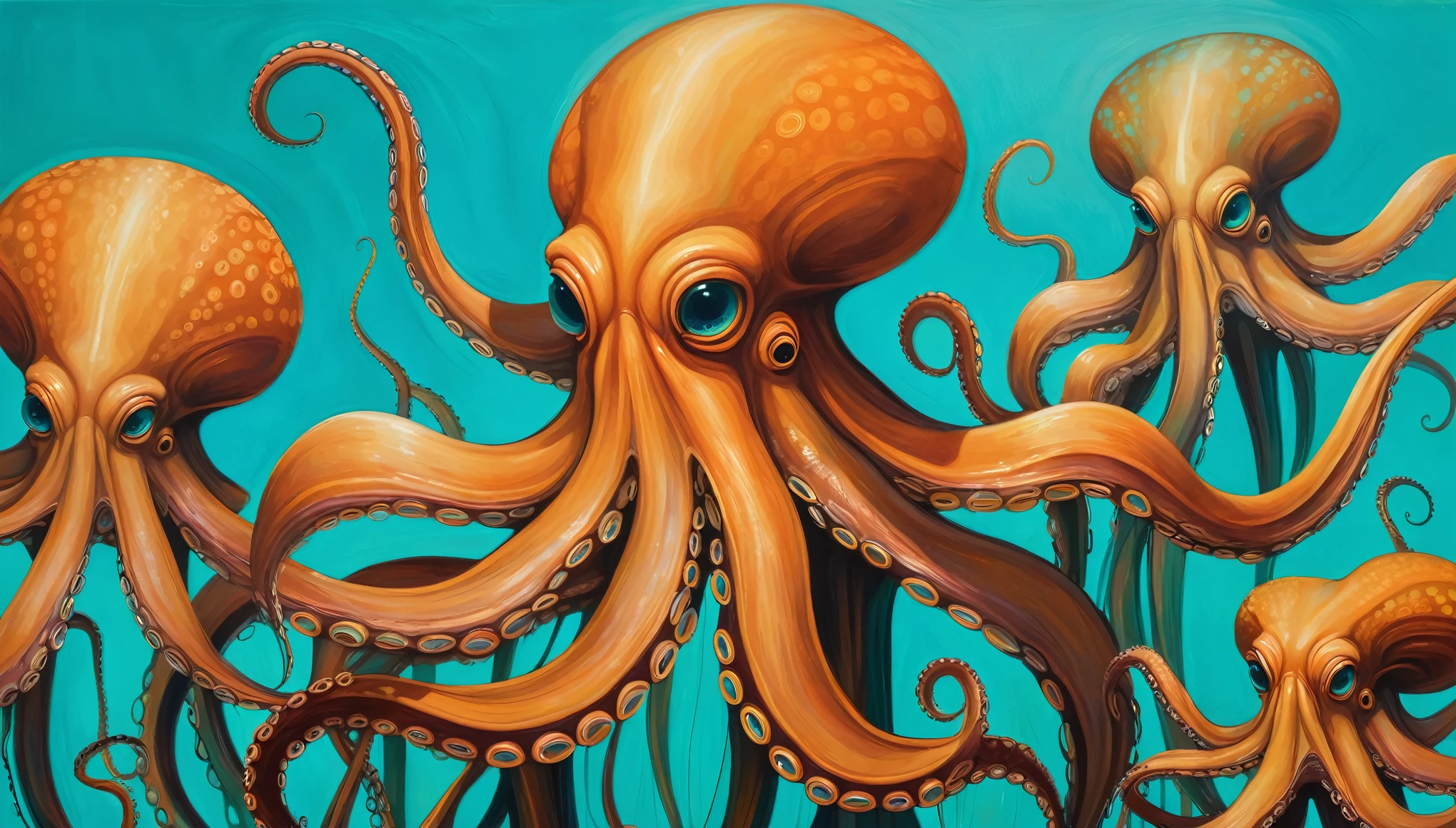 A surreal painting depicting several abstract octopus-like creatures with elongated tentacles in warm, earthy tones against a bright turquoise background