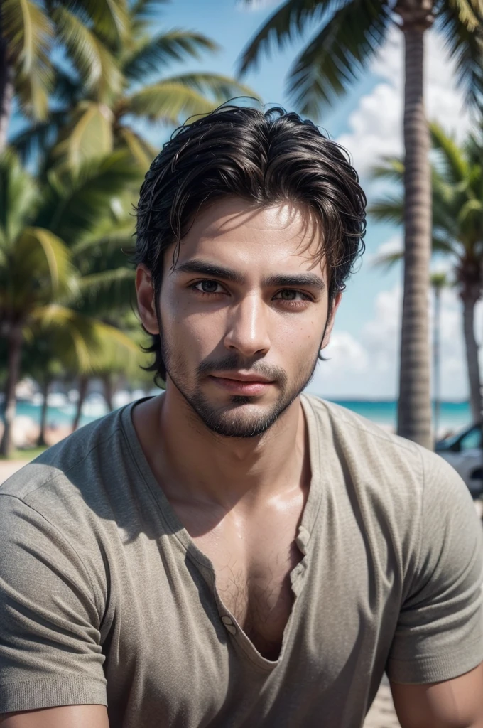 Create a realistic image of a Brazilian man, around 30 years old. Ensure the image has the following qualities: Highly detailed and lifelike features, rich and natural skin tones, dark slightly wavy hair, well-groomed beard (optional, but if included, ensure it's neat), wearing casual yet stylish clothing suitable for warm weather, a friendly and confident expression, background showing a sunny outdoor Brazilian setting (like a street, park, or beach). (realistic, 4K, photorealistic, high resolution, lifelike, detailed, natural lighting, warm tones, Brazilian man, 30 years old, outdoor setting)