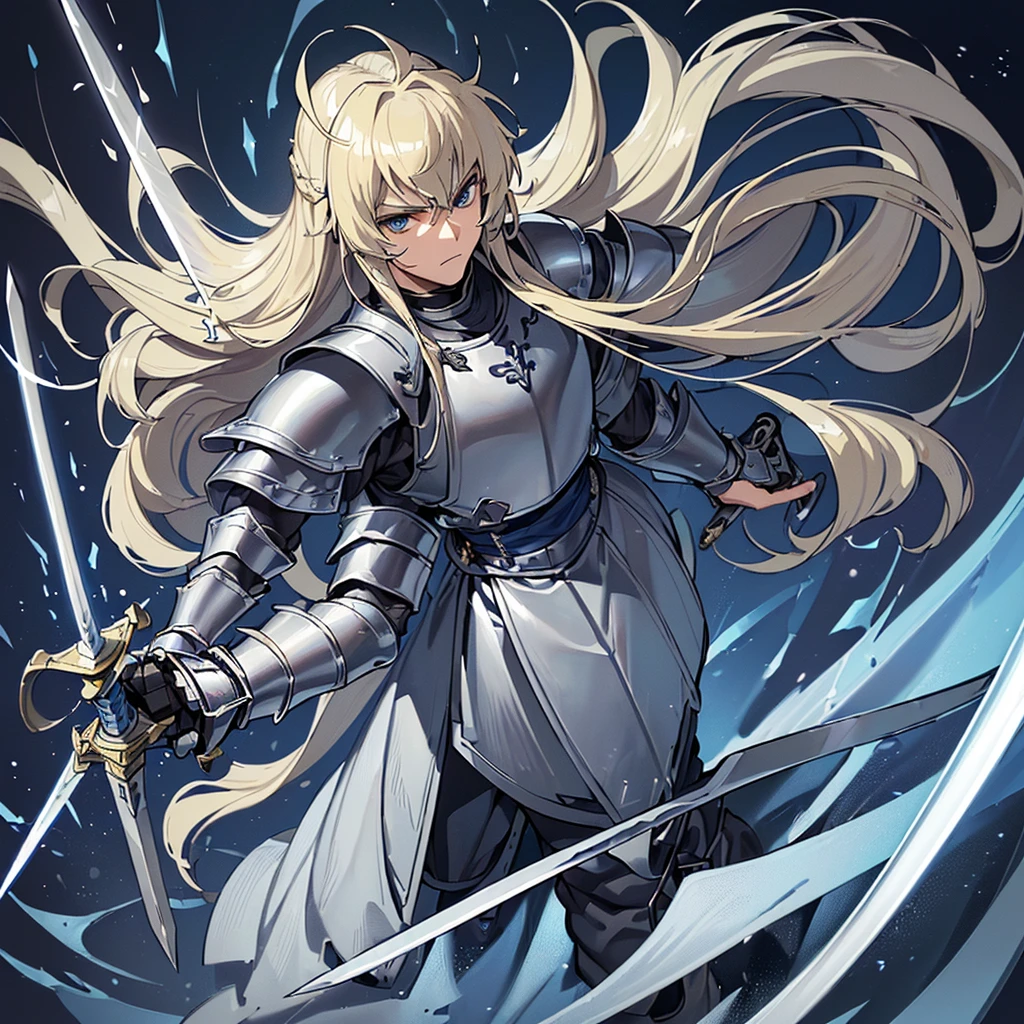 ((((Solo))))、Highest quality, Best Quality, Best illustrations, (((Grey Armor)))、(((Blond long hair man、Long-haired man、male、24-years-old、Cool guy)))、(Medieval Knight)、(Navy blue trousers)、(get annoyed)、Glowing blue aura、(((Holy Sword、Grab a big shiny sword、Ready your sword)))、Movement angle、(front)