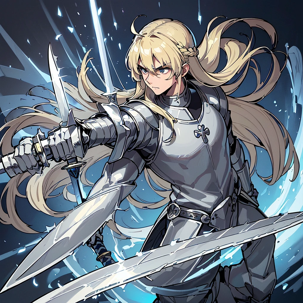 ((((Solo))))、Highest quality, Best Quality, Best illustrations, (((Grey Armor)))、(((Blond long hair man、Long-haired man、male、24-years-old、Cool guy)))、(Medieval Knight)、(Navy blue trousers)、(get annoyed)、Glowing blue aura、(((Holy Sword、Grab a big shiny sword、Ready your sword)))、Movement angle、(front)