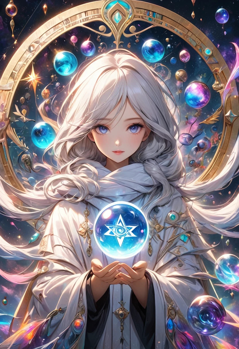 
               ((Correct and perfect anatomy) ) ((手指Correct and perfect anatomy) )The runes in the mysterious rune magic circle exude a mysterious light，Fascinating and curious. 

                  A beautiful astrologer with long and flowing white hair. A beautiful astrologer wearing a white luminous hoodie holding a luminous crystal ball.(There is a star-shaped totem inside the crystal ball)Close-up of man standing in magic circle casting spell. ethereal,

                     Intricate Fantasy Art Vibrant Surrealism, magic energy, High dynamic range, Dark magic swirl pattern, 

                       Mystical Art of Illusion, Extremely detailed dream scenes, Immerse yourself in a magical world, Super detailed art、Delicate and beautiful、

                              masterpiece、Premium content is very detailed、Dynamic angles and elegant atmosphere Perfect composition Intricate details Meticulous digital art