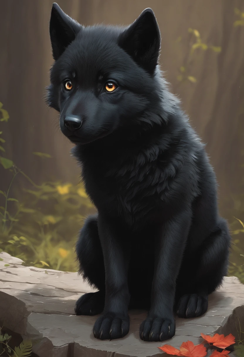 A cute little black wolf,Sitting there angry,Eyes are red。A little smaller and cuter