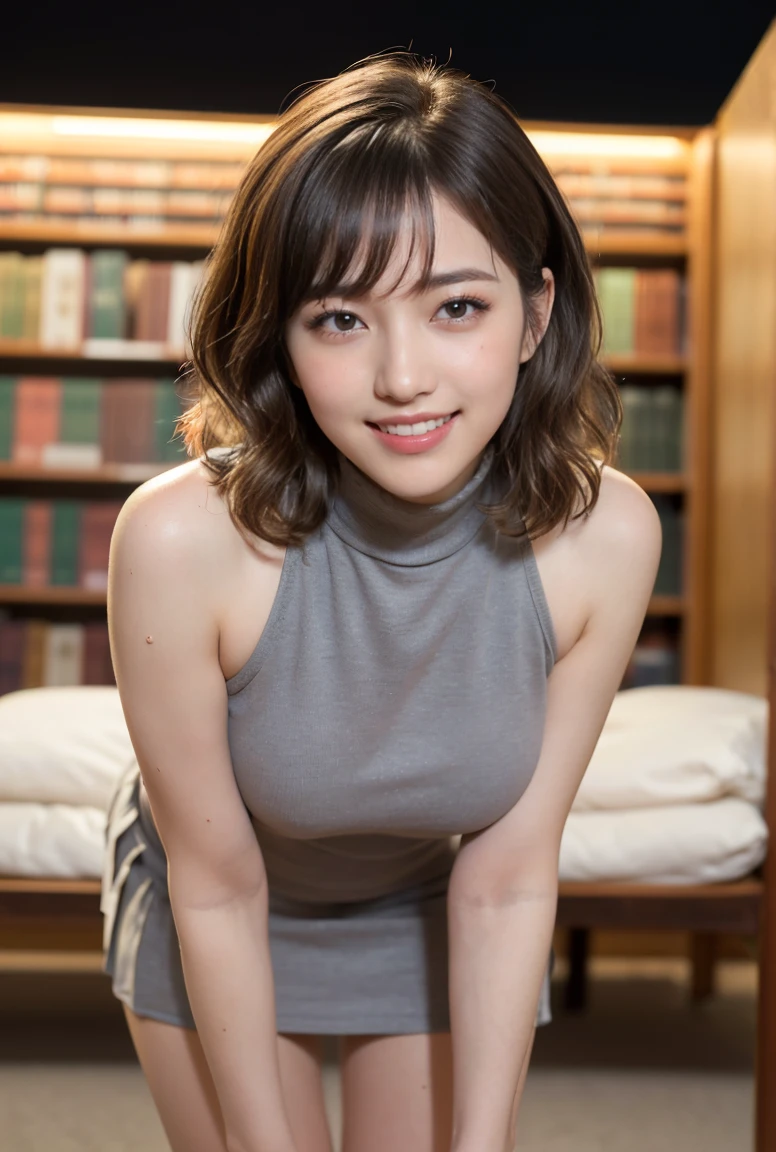 (((neat woman,leaning forward,gravure idol pose,kind big smile:1.8,blush:1.8,deep red cheek:1.4))),please touch me,eat me,tempting viewer,i want you))),(((blush,blush,deep red cheek,deep red cheek,sweat,sweat)))),(cinematic lighting), (Photo real:1.4)、(A hyper-realistic:1.4)、(Photorealistic:1.3)、 (gentle lighting: 1.05)、(Improve the lighting quality of your video:0.9)、 32k、25years old woman、photorealistic lighting、Back lighting、Facial Lights、Ray Trace、(bright:1.2)、(Increase quality:1.4)、 (best quality real texture skin)、Fair eyes,delicate face、 Close-up of the face, ((((Wearing the dark grey with pink cotton onepiece tight dress,dark grey pleated skirt tight cotton onepiece:1.8,high-neck:1.4,high-heel))),(Bodyline mood improvement:1.1)、Glossy skin、good figure,perfect anatomy,Beautiful actress,(((beautiful huge soft breasts:1.8,slender waist,slender hip,long slender legs,8heads tall))),(((8heads tall))),(((brown wavy hair,bangs))),(((sweat skin,shiny skin,in the beautiful library,super clean night view,in the night))), (((masturbation、Touching pussy、Masturbation)))
