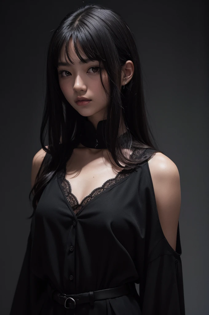 1 girl, pale skin, gray shoulder shirt with black stripe, with black , black socks, devil tail, black hair with long bangs, black straight horns, big , with red eyes and big lashes,