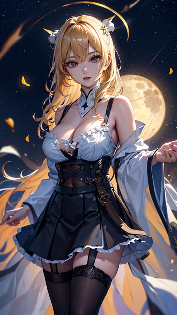 masterpiece, high quality, 4K, Beautiful design, silhouette，blonde， 非常に詳細な夜のStarry Sky,Flower Field， wonderful, Finer details,  Very knowledgeable woman,Devil Highly detailed solo, 1 female,Big Breasts，camisole，mini skirt，garter belt，Night view，Starry Sky，full moon，