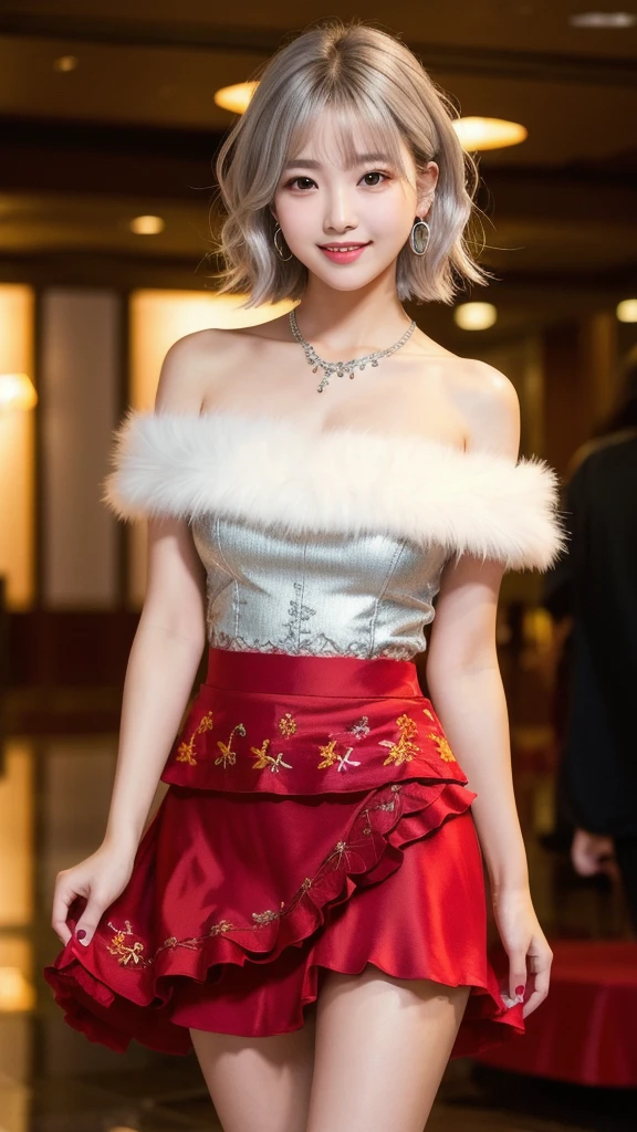 (8K, Photorealistic, Raw photo, Highest quality: 1.4),Japanese idol-style beautiful girl,1 person,18-year-old,(Short Bob),(Silver Hair :1.2),(Natural Waves),She has her hair tucked behind her ears,Clear grey eyes,Long eyelashes,(piercings(small)),(Lip gloss(red)),lips(Plump,glossy),thin long neck,necklace,ring,thin abdomen,(Off-the-shoulder dress((Long Length(Calf length)),(Lace embroidery),(Layered),(fluffy skirt))),High heels,Small pouch,Large hotel party hall,Stand-up buffet,A large number of people(Woman in a dress)Background of the gathering,Smiling at the camera,Full body portrait