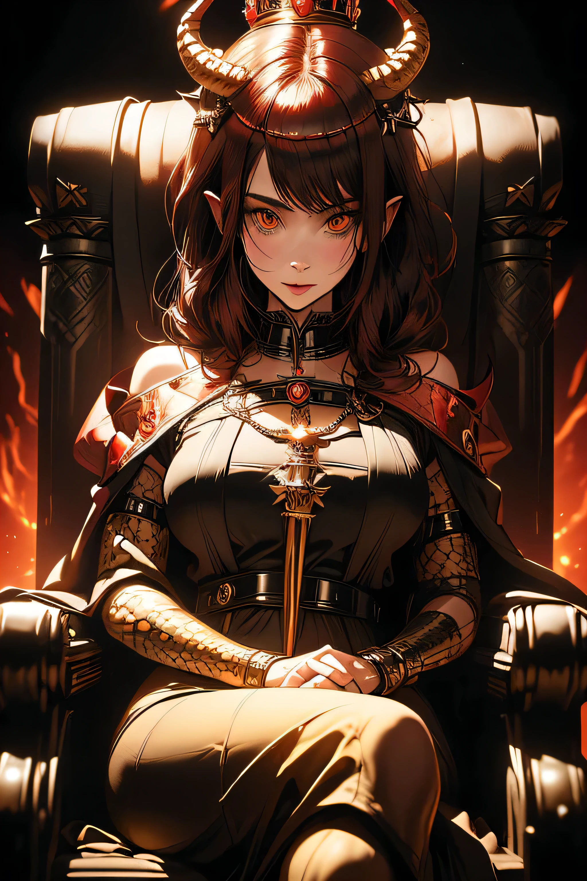 (masterpiece, best quality, detailed), 1girl, solo, looking at viewer, ShizukuDef, glowing red eyes, black hair, short hair, large breasts, breasts, medium breasts, glowing, magic, aura, energy, indoors, throne room, throne, pillar, banner, red wall, stone wall, sitting, crossed legs,((horns)),((crown on head )),((a pet snake around throne))