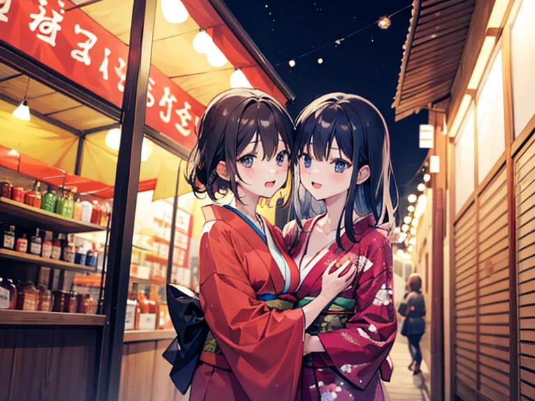 Two women hugging，kimono，stall，Unbuttoned，I'm drunk，Midnight，Adult atmosphere，Change of clothes