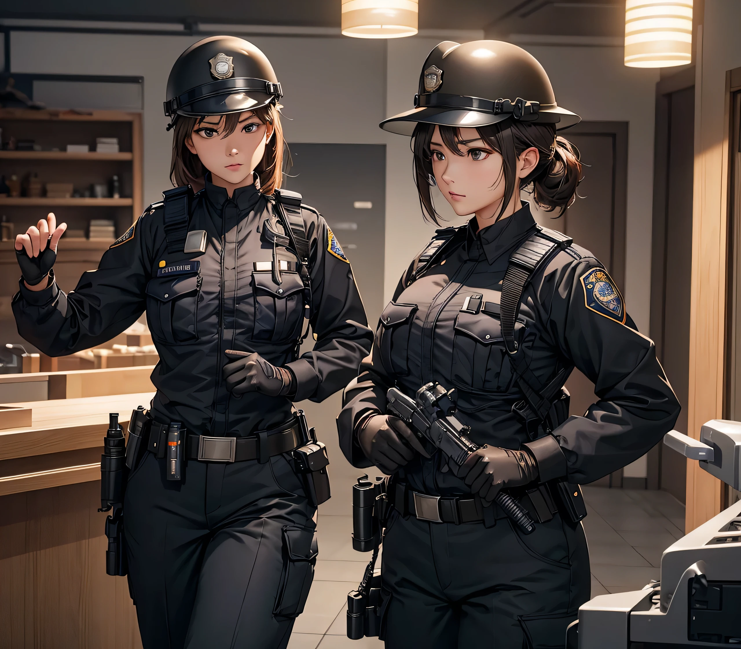 A group of female police officers all wearing brown police uniforms、Wear a steel helmet、Black belt、Gloves、Interior corridors、masterpiece、best quality、Highly detailed CG、8K picture quality