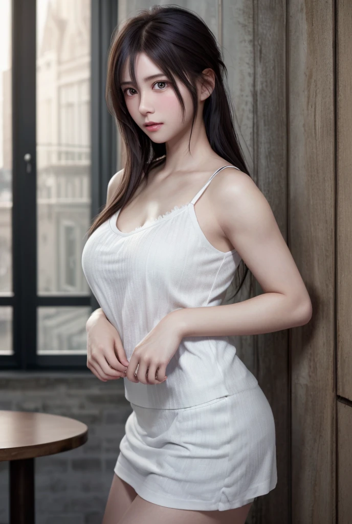 8K, of the highest quality, masutepiece:1.2), (Realistic, Photorealsitic:1.37), of the highest quality, masutepiece, Beautiful young woman, Pensive expression, Gentle eyes, sexy camisole、Hair tied back, Messy mood, Cinematic background,  Light skin tone