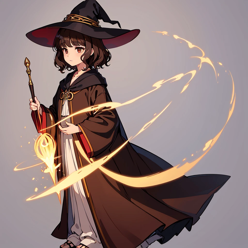 (((Solo)))、Highest quality, Best Quality,Best illustrations、(Brown Hair、Short Perm Hair、Wavy Hair、Short bangs、Align your bangs)、(Witch Hat、Brown simple robe)、(Magic wand)、(The magic of light、Use magic)、(White background)、(Mature 50 Year Old、Adult women、Red eyeshadow)、(Full body character concept、detailed)、(Full body character concept)