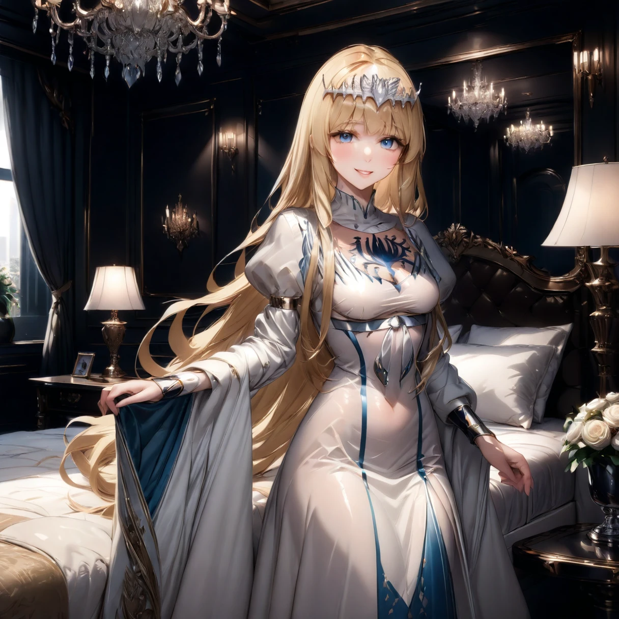 masterpiece,ultra-detailed,best quality,8K,illustration,clean skin ,shiny hair,
1girl,solo, calca, blonde hair, ,( extremely long hair:1.3), very long hair, extra long hair, white tiara, white dress, blue eyes,Calca Bessarez, medium breast,Calca, indoor, luxurious bedroom, seductive smile