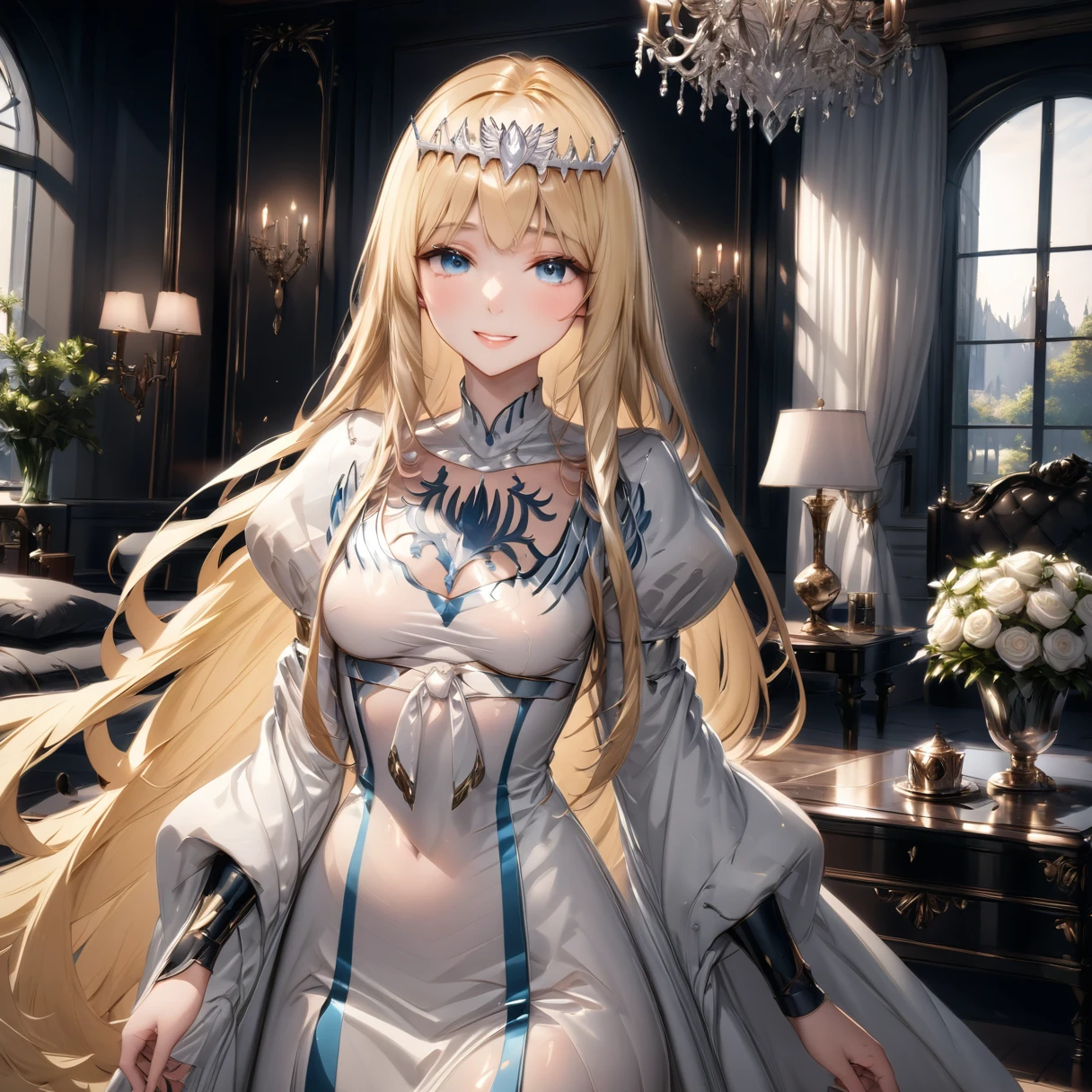 masterpiece,ultra-detailed,best quality,8K,illustration,clean skin ,shiny hair,
 1girl,solo, calca, blonde hair, ,( extremely long hair:1.3), very long hair, extra long hair, white tiara, white dress, blue eyes,Calca Bessarez, medium breast,Calca, indoor, luxurious bedroom, seductive smile