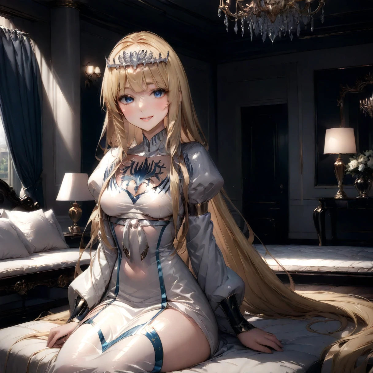 masterpiece,ultra-detailed,best quality,8K,illustration,clean skin ,shiny hair,
1girl,solo, calca, blonde hair, ,( extremely long hair:1.3), very long hair, extra long hair, white tiara, white dress, blue eyes,Calca Bessarez, medium breast,Calca, indoor, luxurious bedroom, seductive smile